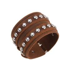 Pulseiras de Couro Legítimo com Punho Punk Metal Rock para Homens e Mulheres, Pulseiras com Contas de Metal, Pulseiras Ajustáveis Envolventes - Castanho - Visão 3