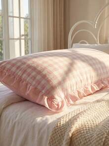 1 Stück süßer rosa Rüschen minimalistischer karierter plissierter langer Bolsterbezug - Weicher Polyesterstoff, dekorativer Lendenkissenbezug für Schlafzimmer und Sofa, Frühlingsdekoration, geeignet für alle Jahreszeiten - Pink - Übersicht 8