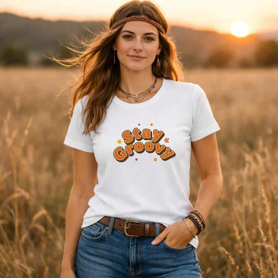 Camiseta Stay Groovy | Tipografía retro de los años 70, texto naranja, estilo vintage | Afirmación de Salud Mental | Camiseta Minimalista con Frase Positiva - Blanco - Ver 1