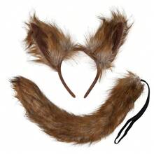 2pcs Set Realistic Animal Cosplay Creative Props Zoo Lion Ears Headband + Tail, Fox Costume Headband, Animal Tail, Halloween Carnival Party Performance Props - Yellow - View 5