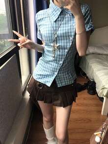 Korean Style Blue Plaid Shirt Blouse, Summer New Design Unique Niche Elegant Quality Top - Blue - View 3
