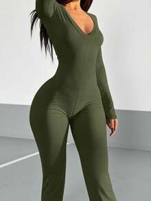 AiTyi Damen Jumpsuit, gut sitzender V-Ausschnitt einfarbiger schlanker schmeichelhafter modischer sexy Casual Sport Outdoor vielseitiger Y2K Stil, geeignet für Abschluss, Schulanfang, Weihnachten, Neujahr, Erntedankfest, Herbst/Winter gestrickter Langarm Weites Bein Jumpsuit Frühling Elegant - Armeegrün - Übersicht 1