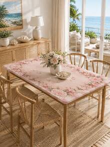 1Pc Pink Rose Round Stretch Tablecloth, Elegant Polyester Elastic Fitted Table Cover, Floral Wreath Print Washable Dustproof Table Protector Slipcover For Dining Table, Kitchen, Wedding, Party, Spring Home Decor - Multicolor - View 2