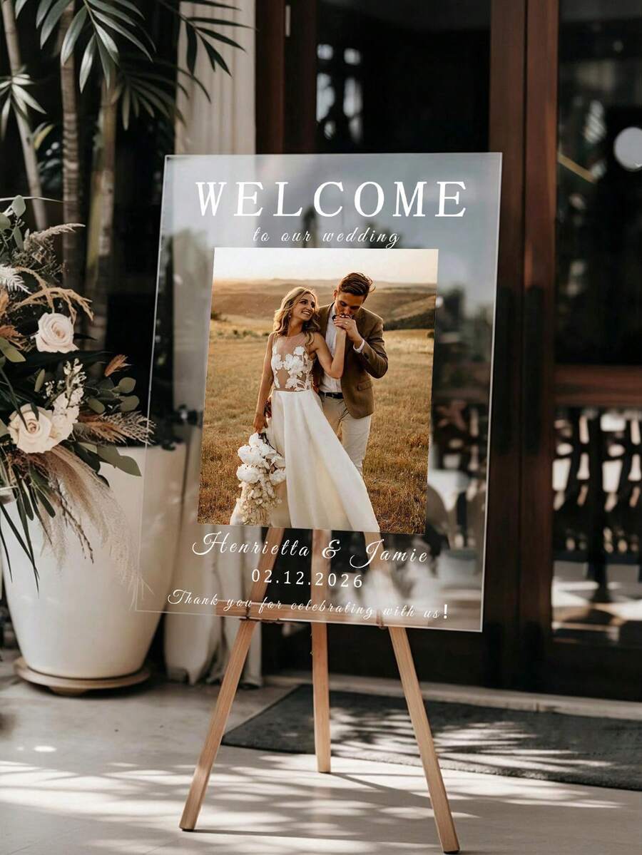 1PC Customizable Photo & Text Acrylic Wedding Welcome Sign, Exclusive Personalized Happy Life Decor Plaque, Suitable For Wedding Venue Decoration, Wedding Decor, Wedding Welcome Sign, Customized Wedding Crafts - Multicolor - View 1
