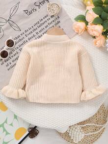 Baby Girl Autumn/Winter Soft Cute Ruffle Sleeve + Delicate Pocket Design Knitted V-Neck Cardigan Sweater - Beige - View 6