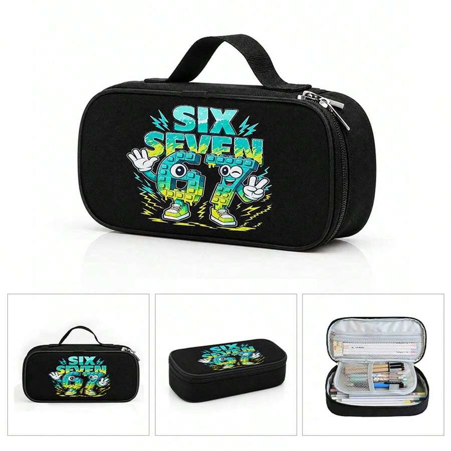 Printed Football & Game Pencil Case With Compartments, Stationery Box For Pencils, Keys, Phone, Coins, Small Items, Suitable For School, Home, Gift, Vacation, Holidays (Back To School, Christmas), Multi-Purpose Use - 積木67二 - 查看 1
