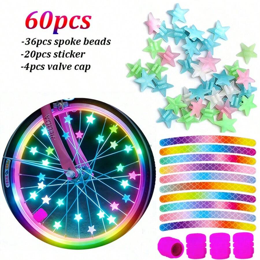 60pcs Glow-In-The-Dark Bicycle Spoke Beads And Valve Stem Caps Set, Includes Reflective Rim Stickers, Suitable For Bicycle Motorcycle Night Riding Wheel Decoration - Multicolor - View 1