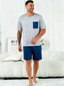 Men's Plus Size Casual Loose Minimalist Sporty Wearable Spring Summer Pocket Crew Neck Short Sleeve T-Shirt And Shorts Pajama Set 2-Piece - Blue and White - View 3