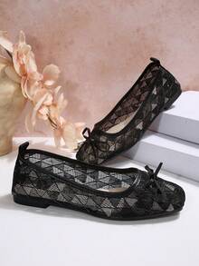 Women's Square Toe Lace Ballet Flats, Elegant Bow Decor Breathable Mesh Slip-On Flat Shoes, Casual Daily Commute Soft Sole Walking Shoes - Black - View 6