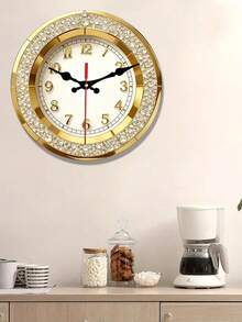 1pc 2D Flat Wall Clock | Gold Plated Round Wooden Wall Clock With Crystal-Embedded Frame, Suitable For Living Room, Bedroom, Office, Hotel Lobby, Restaurant Decor - Multicolor - View 5