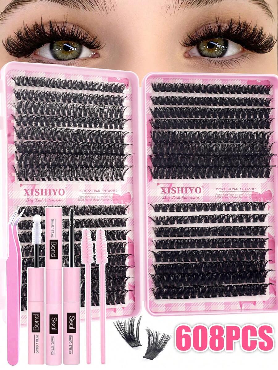 608pcs D-Curl Lightweight Cat Eye Style Slanted Fox Tail Cartoon Anime DIY Eyelash Set, Multi-Density Long-Lasting Comfortable Reusable Feather Texture Eyelash Clusters, Suitable For Daily Commute, Vacation, Holiday And Other Occasions