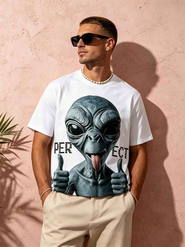 Men's Funny Alien Graphic T-Shirt, Casual Short Sleeve Crew Neck T-Shirt, Summer Streetwear