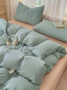 Blue And White Colorblock Washed Polyester Skin-Friendly 3 PiecesDuvet Cover Set - Mint Green - View 7