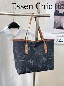 1 pieza Bolso tote de mujer de gran capacidad con decoración de remaches metálicos, bloques de color y monograma, de PU, color negro, nuevo para verano, bolso de hombro - Negro - Ver 7