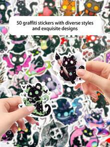 50pcs Horror Soul Cat Creative Waterproof Stickers, Suitable For Laptop, Water Bottle, Skateboard, Guitar, Refrigerator, Desktop, Wall, Helmet, Scrapbook, Phone Case Decoration, Holiday Gift, Birthday Party Gift School Supplies - 50pcs - View 6
