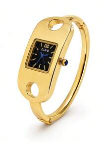 1pc Women's Gold Bangle Quartz Watch, Rectangular Hollow Bangle Wristwatch, Black Dial Blue Hands, Jewelry Style Formal Watch, Gift For Women And Girls - Gold - View 5