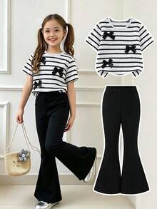 Girls' Retro Striped Set, 3D Bow Tie Short Sleeve Top + Flared Pants 2-Piece Outfit, Suitable For Daily, School, Birthday Party, Korean Style Ins, Etc. (Neckline Drawstring Random Color) - Multicolor - View 2