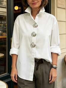 Women's Solid Color Button-Down Shirt, Elegant Fashion Casual Long Sleeve Lapel Collar Regular Top, White, Suitable For Spring And Autumn Daily Wear - White - View 5