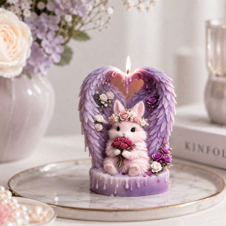 3D Angel Wings Rabbit Silicone Mold, Heart-Shaped Winged Rabbit Candle Mold, DIY Handmade Gift, Romantic Floral Soap Resin Mold, Home Decor, Unique Handmade Craft Material - A - View 1