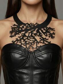 1pc Hollow Black Double Layer PU Leather Coral Shaped Exaggerated Choker Necklace Personalized Branch Gothic Style Vintage Necklace - Black - View 10