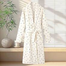1pc New Flannel Bathrobe, Popular Coral Fleece Nightgown, Home Morning Robe, Premium Hotel Pajamas, Printed One-Piece Loungewear, Luxury Loose Tie Bathrobe, Home Wear, Suitable For Outdoor, All-Season Sleepwear. - Multicolor - View 1
