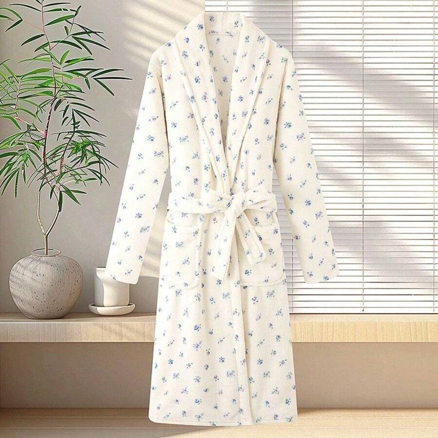 1pc New Flannel Bathrobe, Popular Coral Fleece Nightgown, Home Morning Robe, Premium Hotel Pajamas, Printed One-Piece Loungewear, Luxury Loose Tie Bathrobe, Home Wear, Suitable For Outdoor, All-Season Sleepwear. - Multicolor - View 1