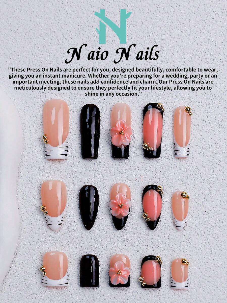 NAIO 10片/組手工穿戴式美甲貼片,3種尺寸:棺材型/杏仁型/短方形,Y2K辣妹風,桃粉色與黑色法式邊緣,斑馬紋設計,3D花朵,金色珠飾裝飾,適合女性與女孩,派對與日常穿戴,含工具組,禮物與美甲用品 - 彩色 - 查看 1
