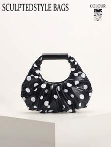 SCULPTEDSTYLE BAGS 1件裝 黑白配色波點印花雲朵包 時尚褶皺設計抓皺包 極簡拼接優雅女款手提包 適合日常通勤、購物、約會、下午茶 - 黑色 - 查看 8