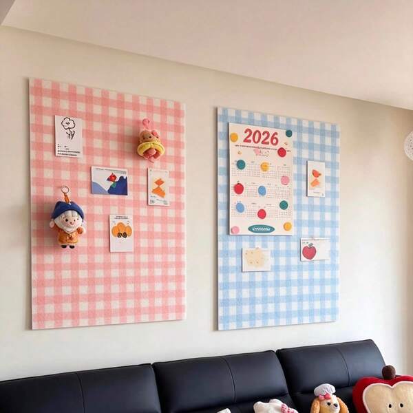 1 Bộ Bảng Nỉ Kẻ Caro Hồng + Xanh Dương, Bảng Ghi Chú Đa Năng Tối Giản, Bảng Treo Ảnh Kèm Ghim Ghim