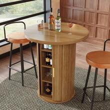 Round Bar Table With Storage, 91.6cm High Standing Table With Cabinet, MDF Wood Look, Load Capacity Up To 75kg, For Bar & Living Room - 木頭 - 查看 3