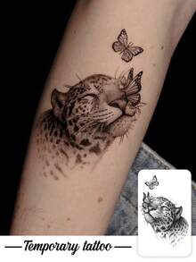 1pc Black And Gray Sketch Pattern Of Cheetah Interacting With Butterfly Temporary Tattoo Sticker, With Realistic Tattoo Design, Suitable For Travel, Music Festivals, Games, Graduation Gifts, And For 3-5 Days. - Multicolor - View 1