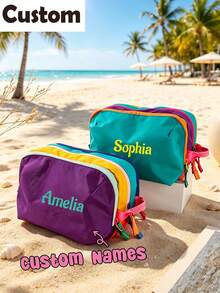 Customizable Name Large Capacity Color Block Makeup Bag, Portable Waterproof Travel Toiletry Storage Bag, Multi-Layer Cosmetic Organizer, Bridesmaid Gift For Women, Personalized Beach And Daily Use Makeup Bag, Aesthetic - Multicolor - View 3