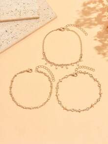 3pcs/Set Gelang Kaki Berlapis Mewah Minimalis, Kombinasi Rantai Geometris Salib Rumbai Berlian Imitasi Modis, Perhiasan Kaki Warna Emas Cocok Untuk Pemakaian Sehari-hari, Liburan Musim Panas, Pesta Pantai, Festival Musik - Emas - View 2
