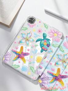 Turtle And Floral Pattern Tablet Protective Case Compatible With IPad Air 8 (M4) 2026 (11-Inch) / 2026 (13-Inch), 9.7/10.2/10.5/10.9/12.9/Pro 11/A16, 10th Generation, Kindle Paperwhite 12th Generation 2024, Kindle (11th Generation - 2024 Release), Soft Shockproof, Smart Sleep/Wake Function, Y-Shaped Folding Tablet Protective Case, Multi-Angle Viewing - Multicolor - View 2