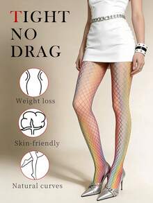 Rainbow Gradient Fishnet Thigh High Stockings, Colorful Hollow Mesh Over-The-Knee Socks, Fashion Nightclub Party Cosplay Women's Hosiery, 1/2 Pairs - Multicolor - View 6