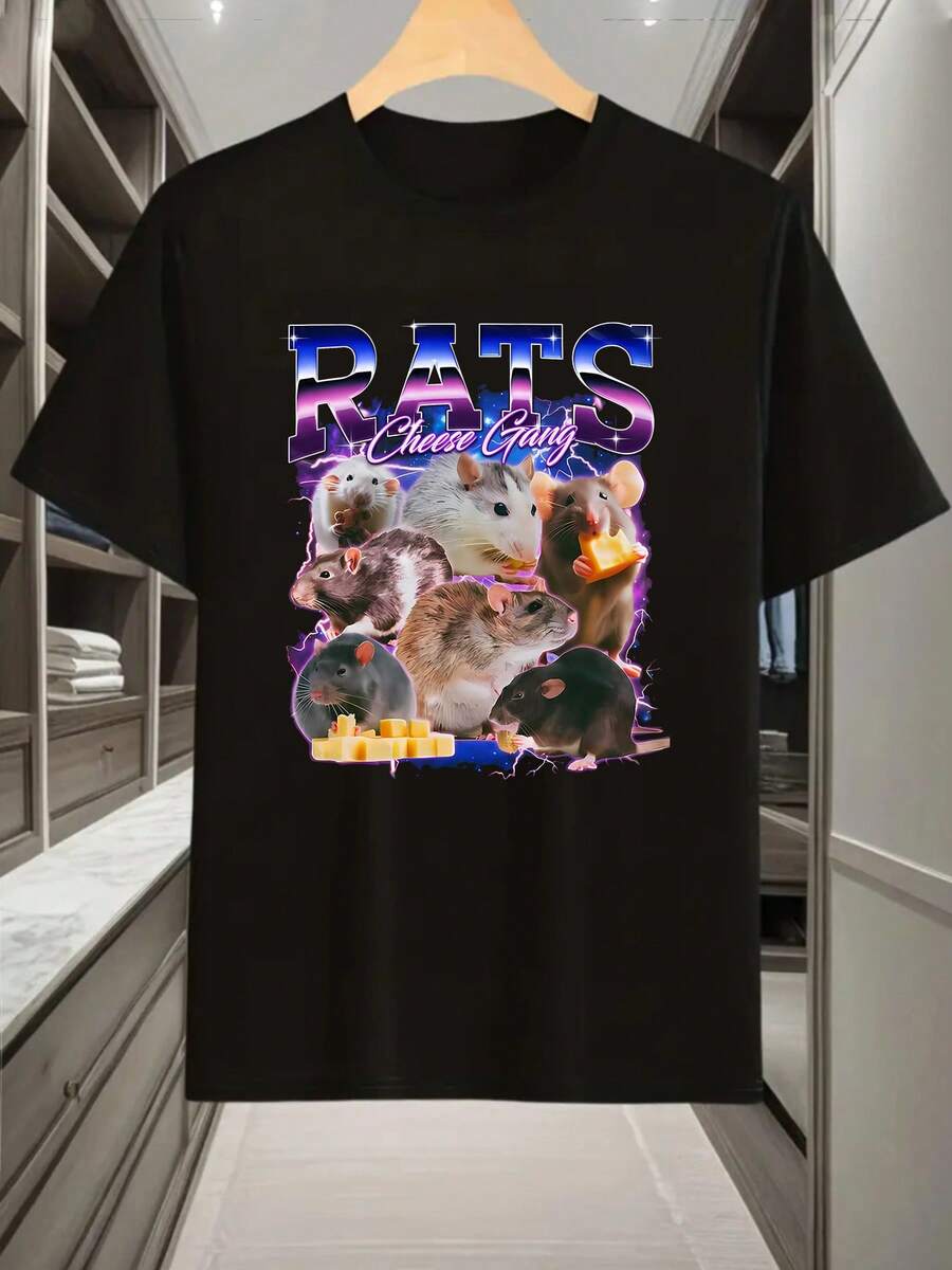 atón, Camiseta de la Banda del Ratón y el Queso, Camiseta de Estilo Vintage, Camiseta para Hombre, Cuello Redondo y Manga Corta, Moderna y Casual, Cómoda y Transpirable, Camiseta para Hombre - Negro - Ver 1