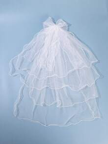 1 pièce Voile de mariée blanc à bord ondulé avec grand nœud, voile de mariée en tulle multicouche avec détails perlés, voile court élégant, convient pour la mariée, la photographie de mariage - Blanc - Voir 9