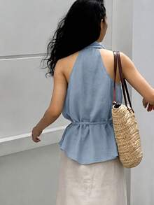 純色掛脖深V領設計腰部綁帶無袖女款背心上衣 - 霧霾藍 - 查看 2