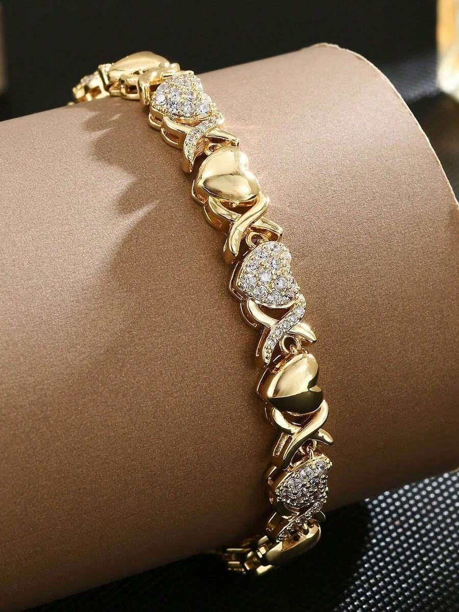 1件嘻哈風鋯石十字心形男士手鍊,鍍金情侶飾品,音樂節配件,送給男朋友的生日週年禮物 - Bracelet - 查看 1