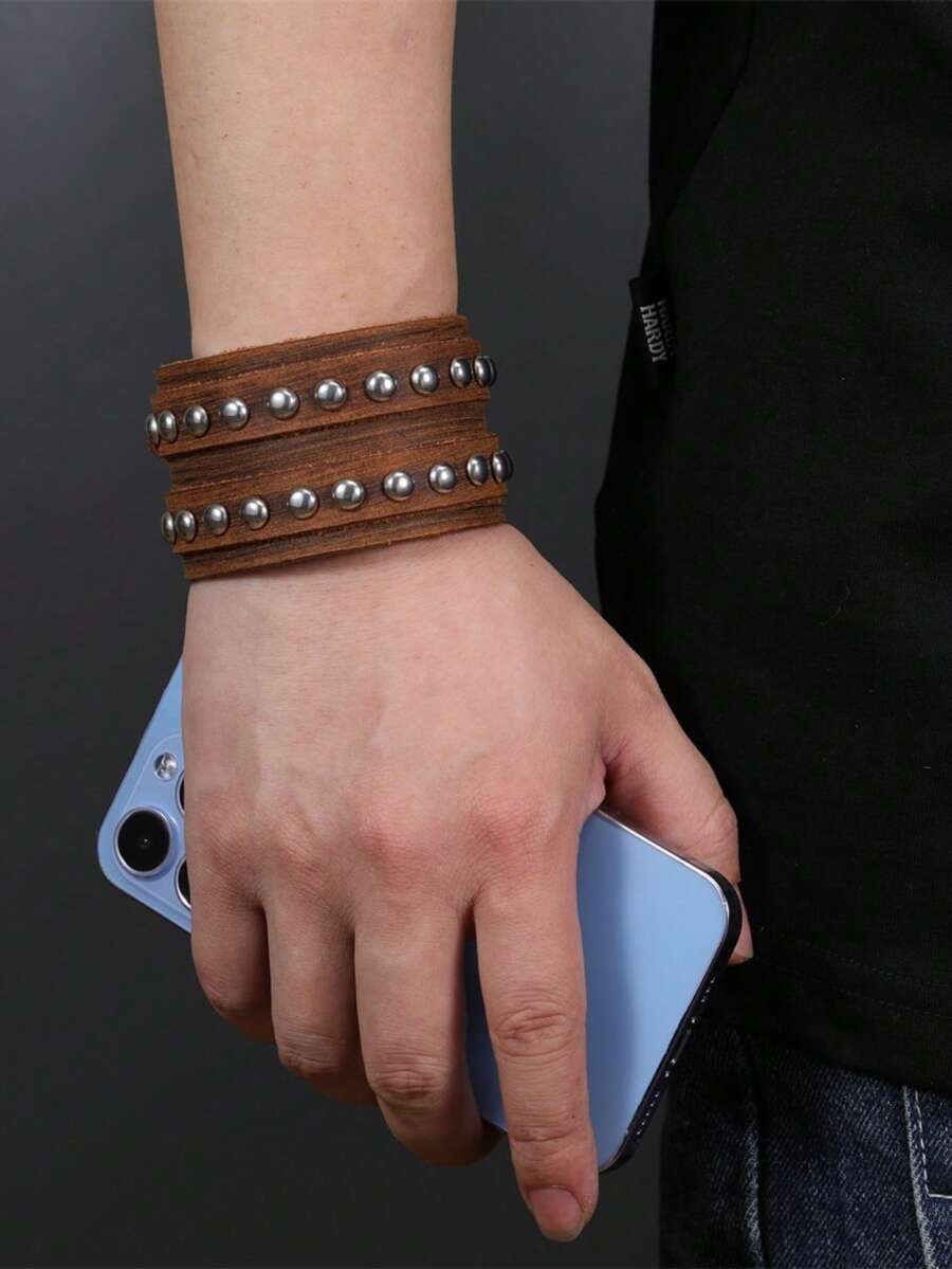 Pulseiras de Couro Legítimo com Punho Punk Metal Rock para Homens e Mulheres, Pulseiras com Contas de Metal, Pulseiras Ajustáveis Envolventes - Castanho - Visão 1