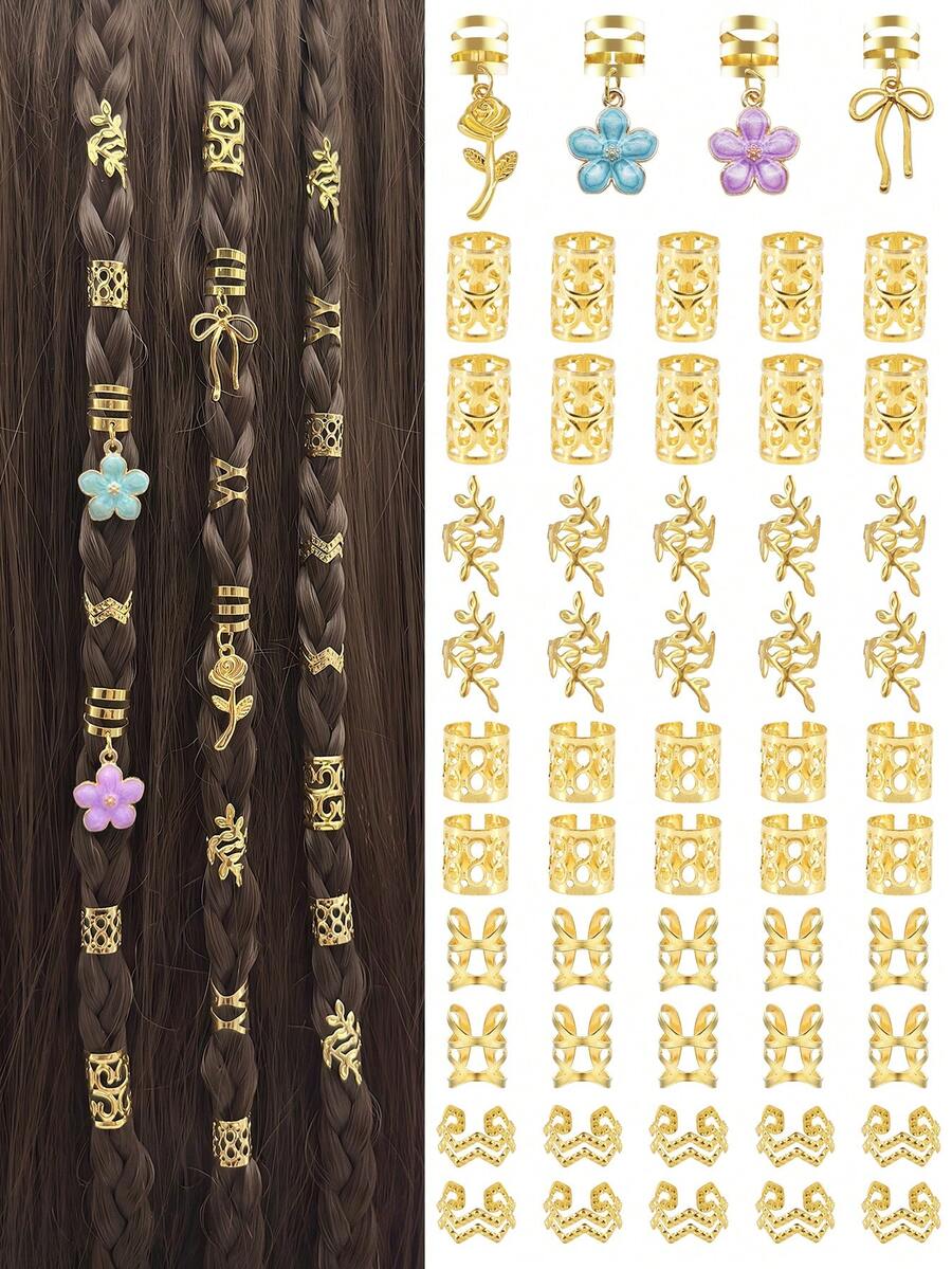 54pcs Flower Shaped Wavy Hair Rings With Colorful Camellia, Multi-Shape Adjustable Romantic Garden Style Women's Dreadlock Accessories,Hair Claws