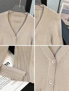 V-Neck Ribbed Knit Cardigan Women's Autumn Slim Fit Waist-Cinching Long Sleeve Top, Suitable For Office Commute And Casual Outings - Khaki - View 7