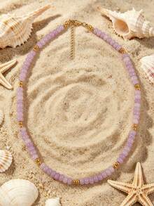 1pc European And American Bohemian Round Geometric Natural Stone Cracked Effect Beaded Short Necklace With Stainless Steel Accessories For Summer Beach Vacation - Stone Bead Stainless Steel Necklace - View 19