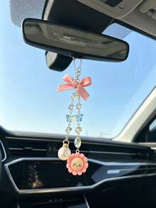 Cute Sunflower Car Rearview Mirror Hanging Ornament, Pink Bow Crystal Chain Car Decor, Adorable Car Decoration Gift - Sun Pearl Bow - View 4