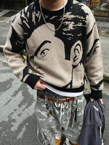 ANDREILEE Cartoon Street Style Men's Sweater Fashion Street Style Daily Commute Home Versatile Crew Neck Long Sleeve Loose Knit Pullover - Black - View 2