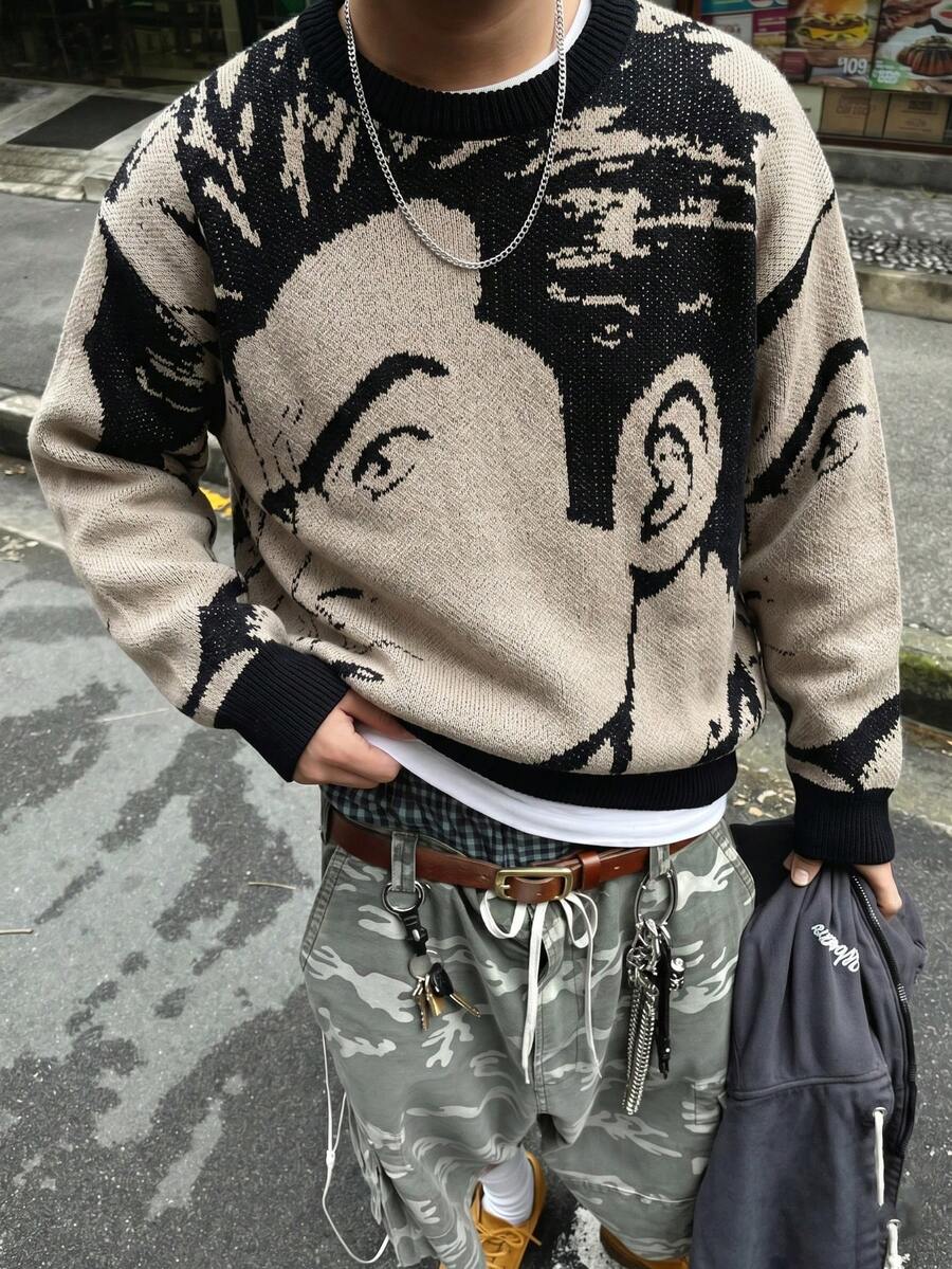 ANDREILEE Cartoon Street Style Men's Sweater Fashion Street Style Daily Commute Home Versatile Crew Neck Long Sleeve Loose Knit Pullover - Black - View 1
