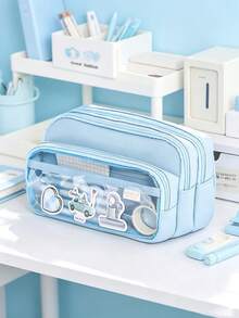 1pc Light Blue Large Capacity Pencil Case, Transparent Multi-Layer Pen Bag, Aesthetic Stationery Organizer For School Students, B, First Day Of School - Multicolor - View 3