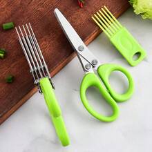 1pc 5-Layer Stainless Steel Scallion Scissors, Multi-Function Kitchen Shears With Cleaning Brush, Home Use Vegetable, Seaweed, Baby Food Scissors - Green - View 5
