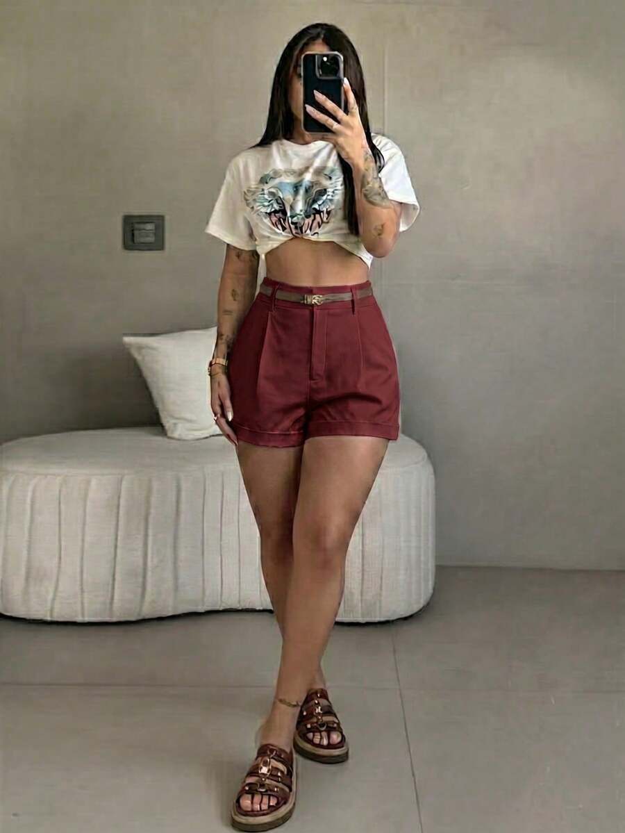 Women's High-Waisted Pleated Suit Shorts, Plain, Soft Fabric, Black, Slim Fit, Wide Straight Leg, Casual Style For Summer Office, Without Belt - 軍綠色 - 查看 1