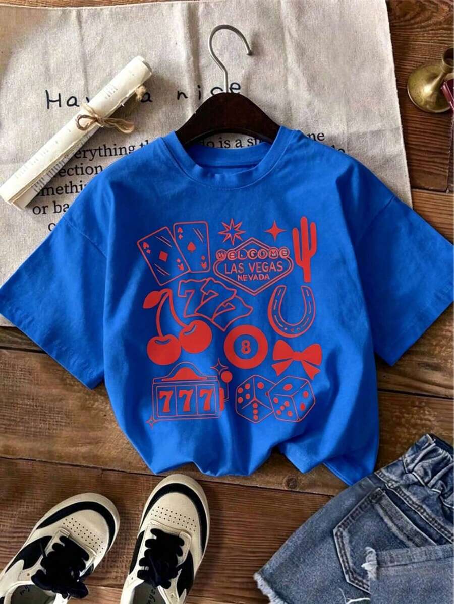 Women's White T-Shirt With Las Vegas Print, Spring/Summer Fashion. Features Cherry, Playing Card, Dice And Star Prints Combined With A Striking 777 Design. - 藍色 - 查看 1